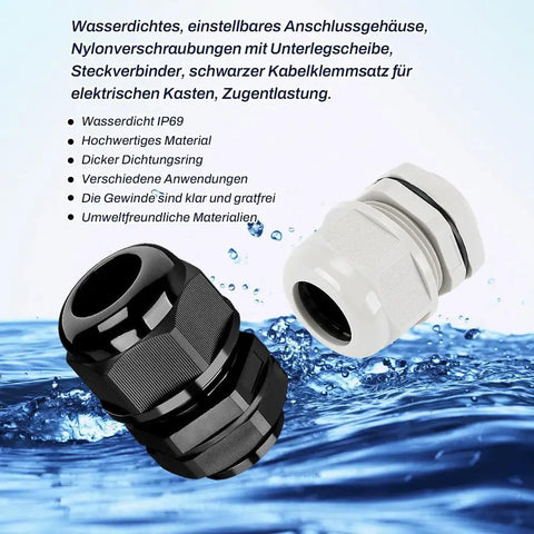 4 Pack 1 NPT Black Cable Gland Kit IP69 Waterproof Nylon Glands with water splash background, white and black gland