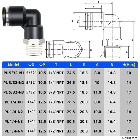 Elbow And Straight Push To Connect Pneumatic Fittings 5/32 Inch Tube OD X 1/4 Inch NPT Thread diagram and size chart