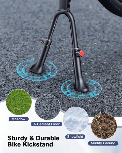 Adjustable Double Leg Bike Kickstand For 24 To 29 Inch Bikes Aluminum Alloy Non Slip Center Mount on various surfaces