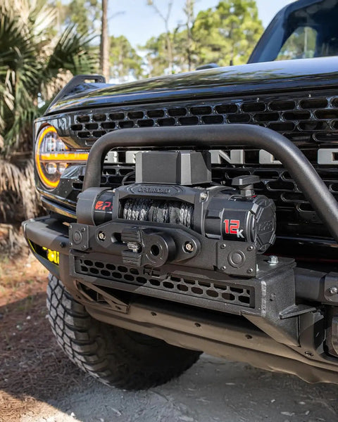 Beefed Up 13500 Lb Wireless Recovery Winch With 3/8 Inch 85 Ft Synthetic Rope For Jeep SUV Truck And Trailer IP68 Waterproof 12V Electric Winch Panther Series 3S With Two Remotes mounted on front bumper