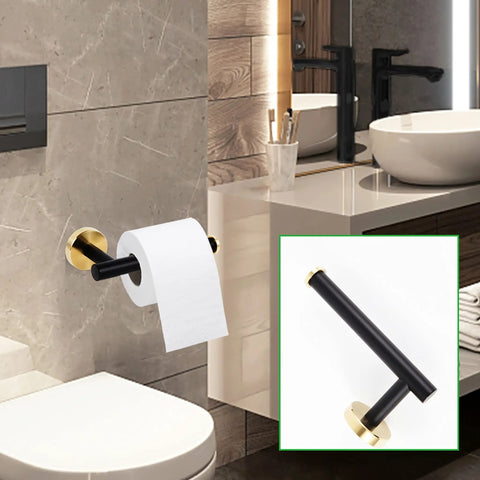 Toilet paper holder from 7-Piece Bathroom Hardware Set In 304 Stainless Steel With Black Gold Finish, mounted in a modern bathroom.
