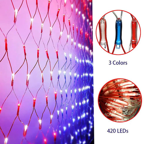 Lit Patriotic Outdoor Flag Lights With 420 LED, Waterproof American Flag Net Lights displaying 3 colors with red, white, and blue LEDs