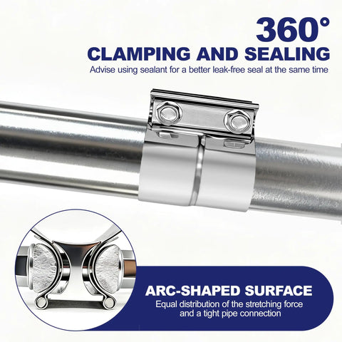 Heavy Duty 3 Inch Exhaust Clamp Kit Fits 3 Inch Od To 3 Inch Id Pipes Lap Joint Band Clamp Stainless Steel 304, shown clamping pipe