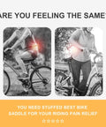 Comfy Ultra Wide Bike Seat For Men And Women With Memory Foam Cushion And Dual Spring Suspension Waterproof Universal Fit Wide Plus Saddle Built To Cradle Sit Bones On All Day Rides And Deliver Real Comfort, rider on bike with pain relief illustration