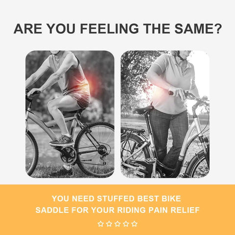 Comfy Ultra Wide Bike Seat For Men And Women With Memory Foam Cushion And Dual Spring Suspension Waterproof Universal Fit Wide Plus Saddle Built To Cradle Sit Bones On All Day Rides And Deliver Real Comfort, rider on bike with pain relief illustration