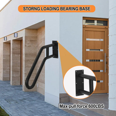 U Shaped Wall Mount Handrail For Indoor And Outdoor Steps One Piece Durable Black Metal Grab Bar installed on house entryway