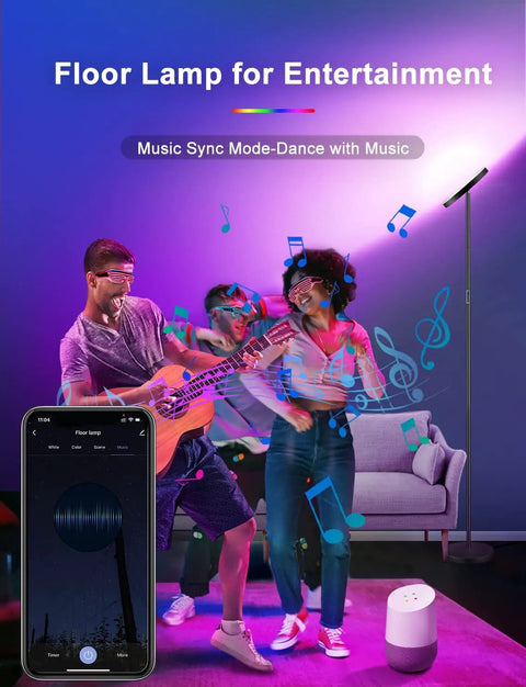 Smart RGB Floor Lamp With Alexa And Google Home, WiFi App Control, Remote Dimming in use at a party with music sync mode