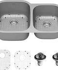 Undermount 32 Inch Stainless Steel Kitchen Sink Kit With Double Bowls 18 Gauge 60 40 Split Satin Brushed Finish For Granite Quartz And Solid Surface Countertops overhead view with accessories