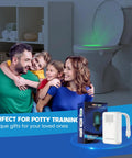 Family enjoying Toilet Bowl Night Light With Motion Sensor and 16 Color Changing LEDs, box displayed, toilet illuminated.