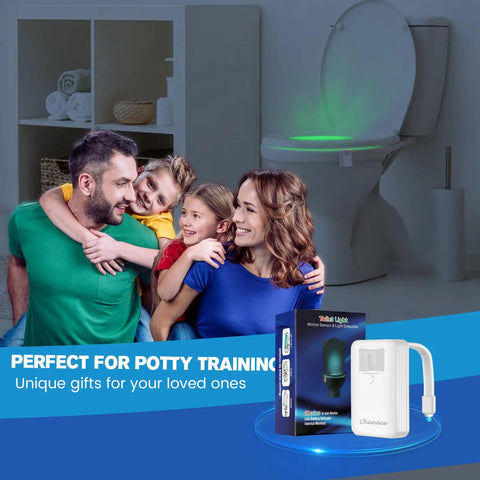 Family in bathroom with Two Pack Toilet Night Lights With Motion Activated Sensor And 16 Color Changing LED Inside Toilet Bowl Nightlight