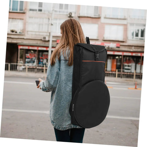Durable Portable Drum Storage Bag In Black Oxford Fabric For Practice Pads Percussion Gear And Accessory Organizer worn by a woman.