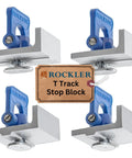 Four Pack Aluminum T Track Stop Kit With Inline and Short Stops 5/8 Inch T-Track, blue hold down clamps visible top view