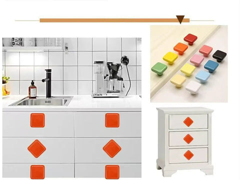 Multicolor glossy square cabinet knobs on kitchen drawers and dresser, featuring sizes from 1.25 Inch Glossy Ceramic Square Cabinet Knobs White 6 Pcs Easy Install Drawer Pull Handles For Kitchen Dresser Cupboard Wardrobe Kids Room Includes 3 Screw Sizes