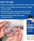 CPAP Cleaning Solution Duo Pack 2 x 8 Oz Bottles With Citric Acid Descaler, Residue-Free Formula For Safe Plastic Components, Sleep System Cleaner, On-The-Go Travel-Friendly Pack For Easy Maintenance, bottle label and CPAP mask cleaning steps