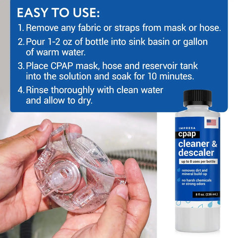 CPAP Cleaning Solution Duo Pack 2 x 8 Oz Bottles With Citric Acid Descaler, Residue-Free Formula For Safe Plastic Components, Sleep System Cleaner, On-The-Go Travel-Friendly Pack For Easy Maintenance, bottle label and CPAP mask cleaning steps