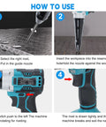 Get The Heimerdinger Brushless Cordless Rivet Gun For Makita 18V Batteries With 12000N Auto Reverse Power showing usage steps for efficient riveting.