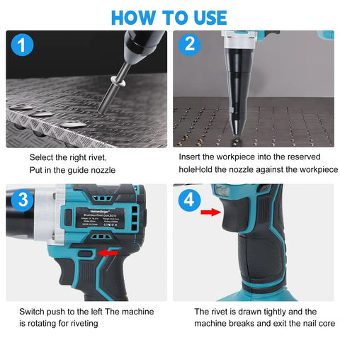 Get The Heimerdinger Brushless Cordless Rivet Gun For Makita 18V Batteries With 12000N Auto Reverse Power showing usage steps for efficient riveting.