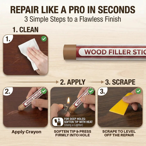 Step-by-step guide using 8 Color Wood Filler Sticks Repair Kit Waterproof Sandable Paintable Wax Putty For Seamless Finish