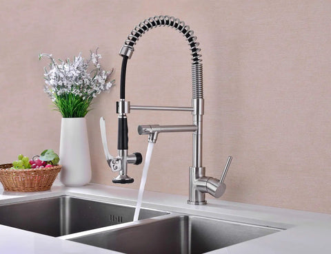 Brushed Nickel Pull Down Kitchen Faucet With Sprayer, Single Handle, Solid Brass Construction, 18.5 Inch High Arc, Easy One Hand Operation