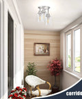 3 Light Semi Flush Mount Ceiling Light With Brushed Nickel Finish And Clear Seeded Glass Shades in a bright corridor