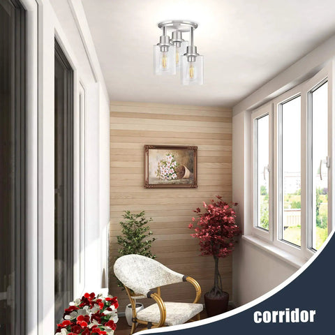 3 Light Semi Flush Mount Ceiling Light With Brushed Nickel Finish And Clear Seeded Glass Shades in a bright corridor