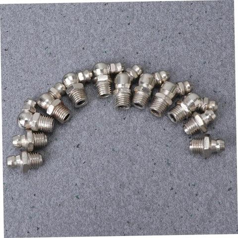 Pro Grade Grease Fittings Kit 45 Piece Assortment M8x1 Straight and 90 Degree Angled Zerk Fittings arranged on grey surface