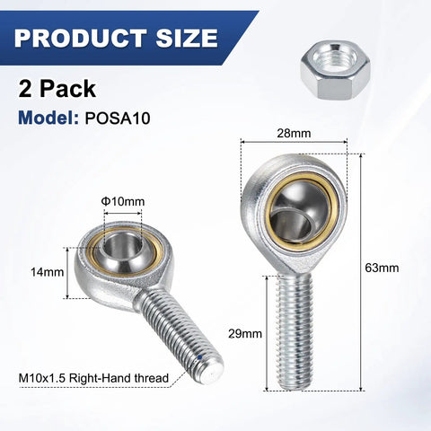 2 Pack POSA10 Rod End Bearing M10x1.5 Right Thread Self Lubricating Steel Joint With Jam Nuts for Forging Machines CNC Equipment Automation Steering Linkages and Heavy Machinery, M10x1.5