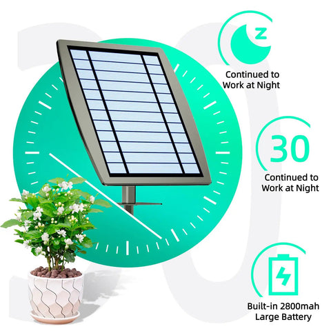 Sun Powered Drip Irrigation System For Outdoor Gardens And Potted Plants Auto Water 20 To 30 Pots With 12 Timing Modes Solar Garden Watering Kit Waterproof Low Fuss Setup No Cord Needed showing solar panel and clock graphic