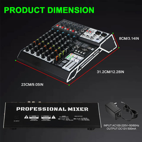 Six Channel Pro Audio Mixer With 99 DSP Effects, USB And Bluetooth Ready with dimensions and power adapter