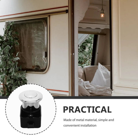 Push Button RV Latch With Advanced Cylinder Technology In Zinc Alloy for cabinets and drawers, shown near RV entryway