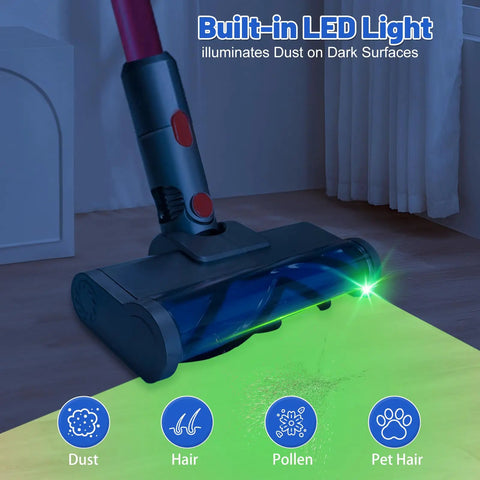 Cordless Vacuum Head Attachment For V7 To V15 with LED light illuminating debris on the floor, showcasing anti-tangle features.