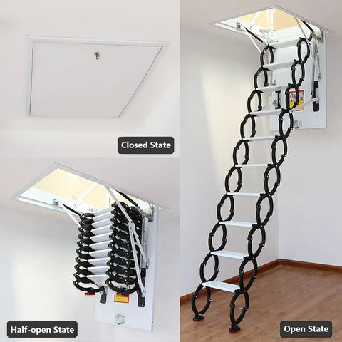 Heavy Duty Electric Remote Control Attic Ladder Crafted From Slick Titanium Magnesium Alloy in open, half-open, and closed states.