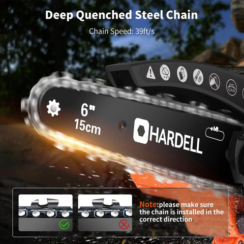 Compact 6 In Cordless Chainsaw Packs Serious Brushless Punch for No Sweat Tree Trimming with deep quenched steel chain.