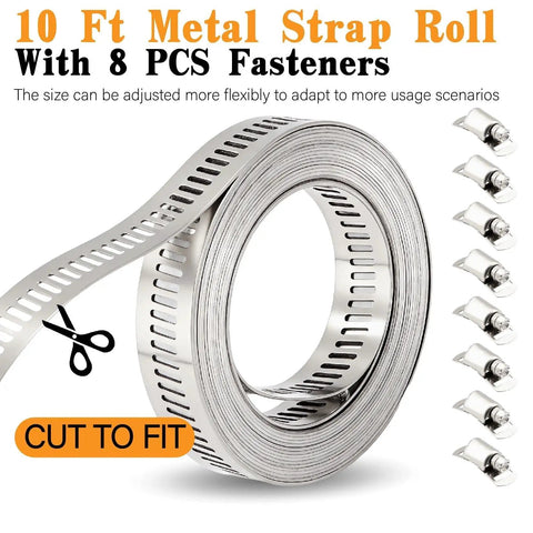 Plumbing Hose Clamp Kit With Stainless Steel Clips And Metal Strap, Heavy Duty 185-Piece Set, Covers 6mm To 51mm and 10 Ft Strap