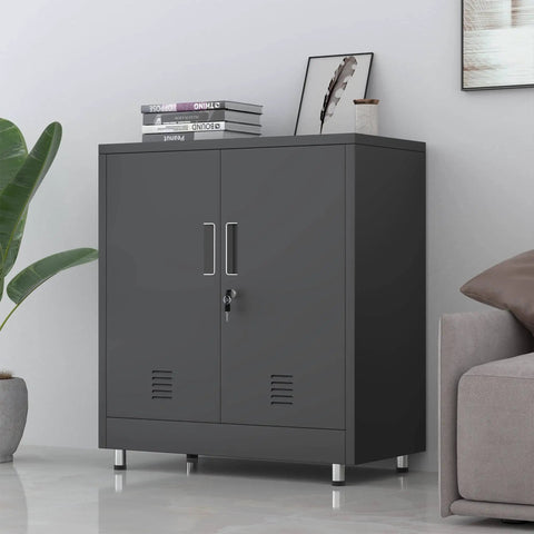 Black Sturdy Metal Storage Cabinet With Locking Doors And Adjustable Shelves, suitable for home office, hallway, entryway, living or dining.