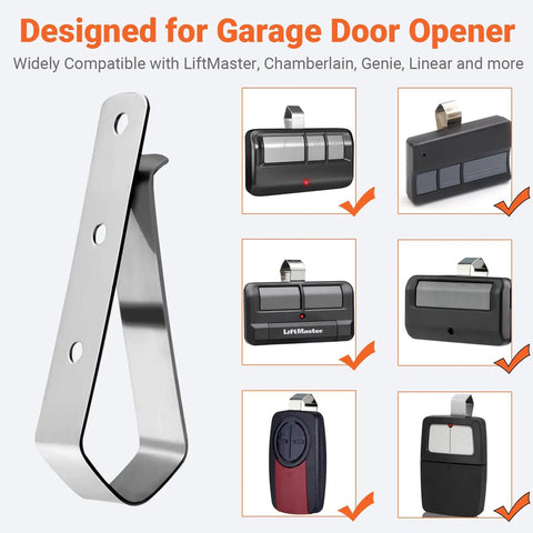 Image of a stainless steel car sun visor remote clip next to various compatible garage door openers like LiftMaster.