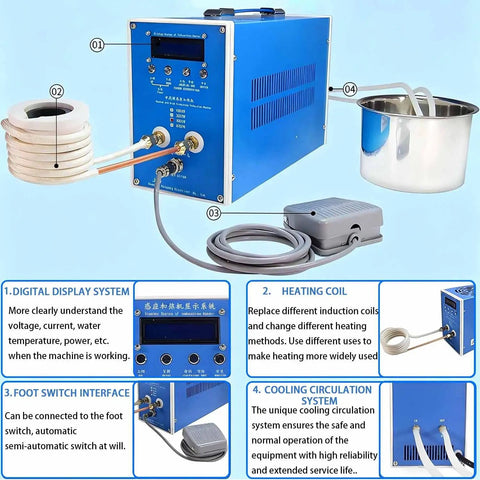 Industrial Grade High Frequency Induction Heater With Kick Ass Flameless Heating For Metal Quenching And Forge Welding Pro Shop Hardware Processing Tool Built Tough Over Current Safety Control 2kW To 6kW Output with digital display and cooling system.