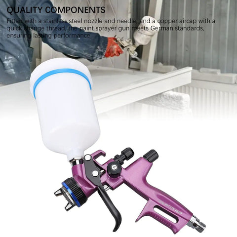 Deadly Smooth HVLP Spray Gun Packing A Killer 1.3mm Tip And 600ml Cup Pneumatic Paint Sprayer close-up with nozzle and cup