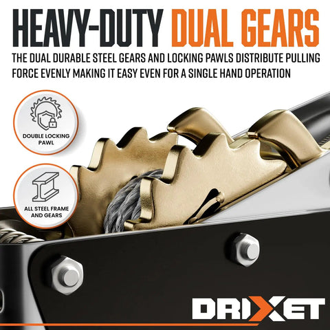 Close-up of dual gears and ratchet system on heavy duty come along winch 4 ton hand puller with cable and pulley.