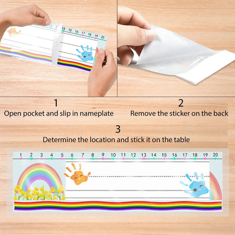 40 Pack Self Adhesive Nameplate Pockets for Desks, Clear 18.9 x 4.7 Inch, Easy Peel and Stick Instruction Steps