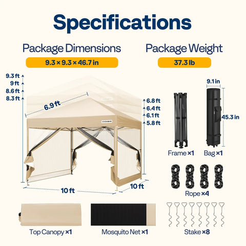 10x10ft Pop Up Screen Tent With Mosquito Netting And Two Zipper Doors Roller Bag Outdoor Canopy specifications