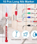 Ten Pack Pro Grade Long Nib Marker With 20mm Nib For Deep Hole Marking Waterproof Construction Pen shown with color options and features.