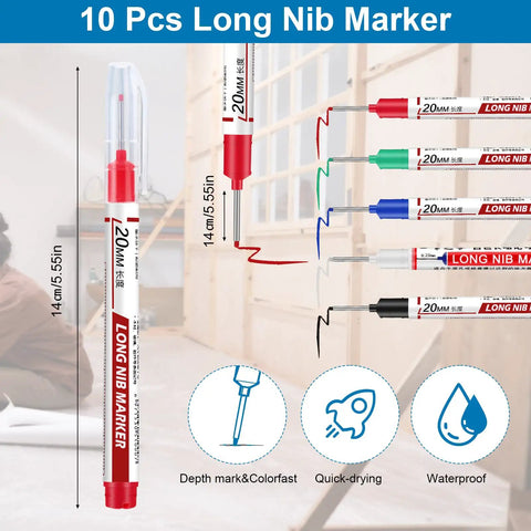 Ten Pack Pro Grade Long Nib Marker With 20mm Nib For Deep Hole Marking Waterproof Construction Pen shown with color options and features.