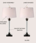 Two Pack 30 Inch Table Lamps In Black And Clear Glass With Metal Column Base And White Linen Drum Shade, Classic Iron Look