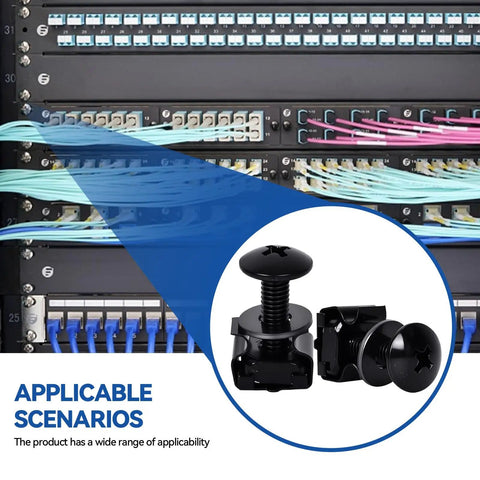 Heavy Duty 10/32 Thread Rack Screws With Snap In Cage Nuts And Nylon Washers for server racks shown with network cables.