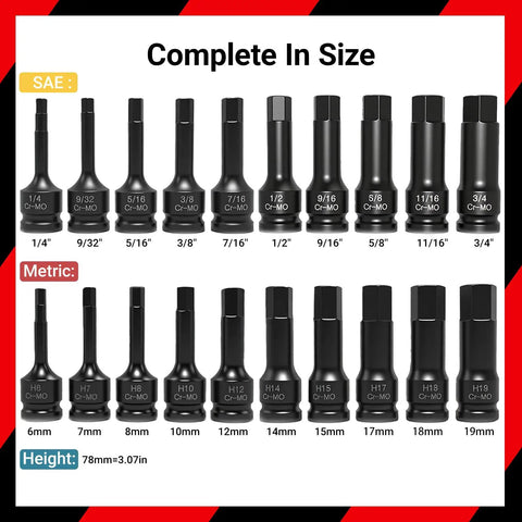 One Half Inch Drive Master Impact Hex Bit Set With SAE And Metric Bits, 20-Piece Allen Socket Kit, CR-Mo Steel, front view
