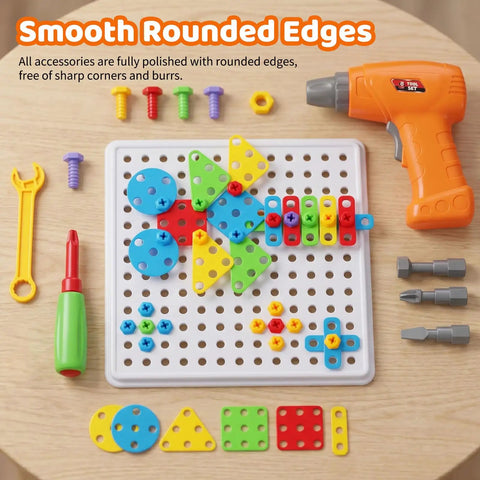 Electric Toy Drill With 193 Plus Pieces For Creative Build Projects, includes plastic screws, rainbow fasteners, and safe tools.