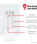 Daysmart 7 Day Digital In-Wall Timer with Sunrise Sunset shown with ON/OFF buttons, LED lights, and program features