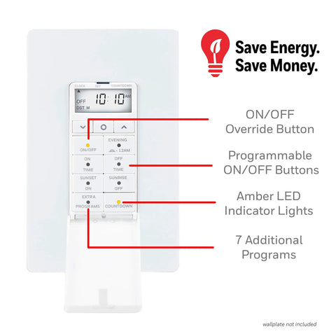 Daysmart 7 Day Digital In-Wall Timer with Sunrise Sunset shown with ON/OFF buttons, LED lights, and program features