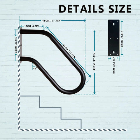 Diagram of 304 Stainless Steel Handrail for Outdoor Steps and Stairs, 1.25 Inch Tube U Shaped Wall Mounted Railing, 18.5 Foot Length